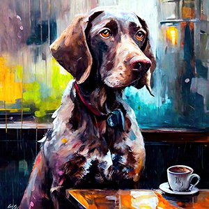 Painting of Dog Drinking Coffee - Pet Portrait