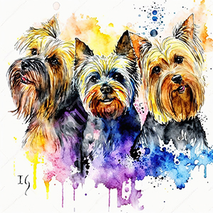 Watercolor Painting Yorkshire Terrier - Puppies