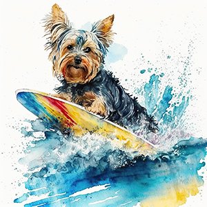 Yorkshire Terrier Surfing Watercolor Art Portrait 