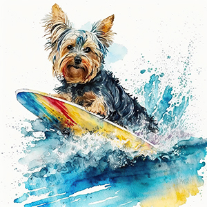 Yorkshire Terrier Surfing Watercolor Art Portrait 