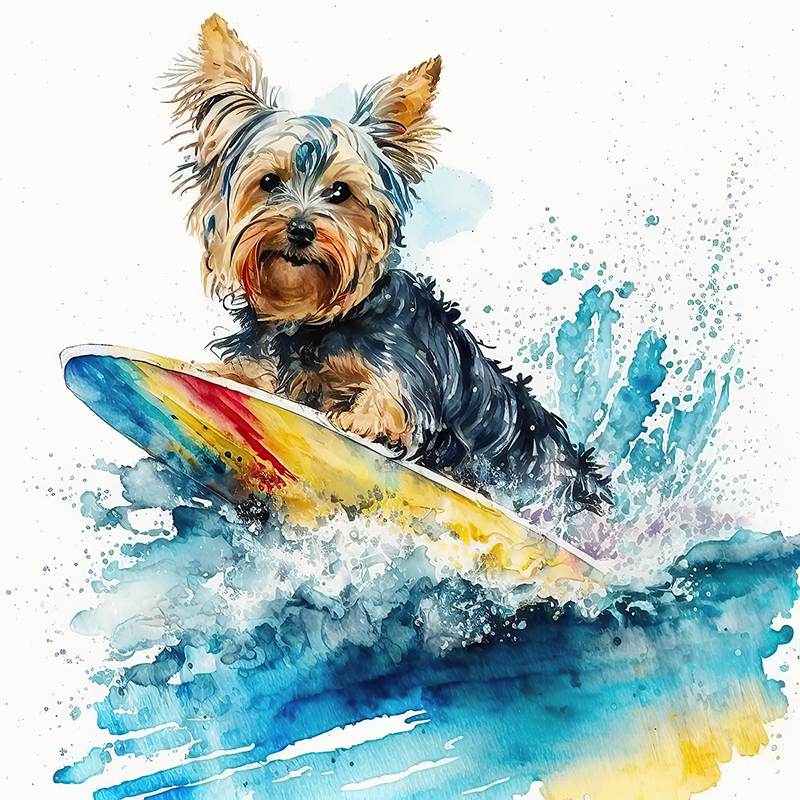 Yorkshire Terrier Surfing Watercolor Art Portrait 