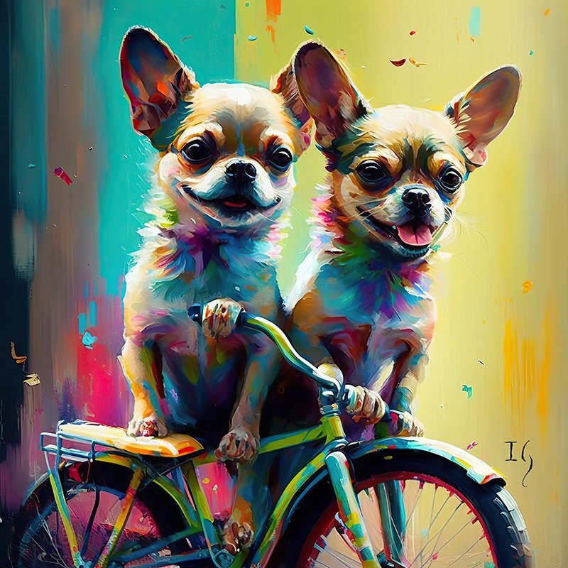 Painting Dogs of Chihuahuas on a Bicycle happy