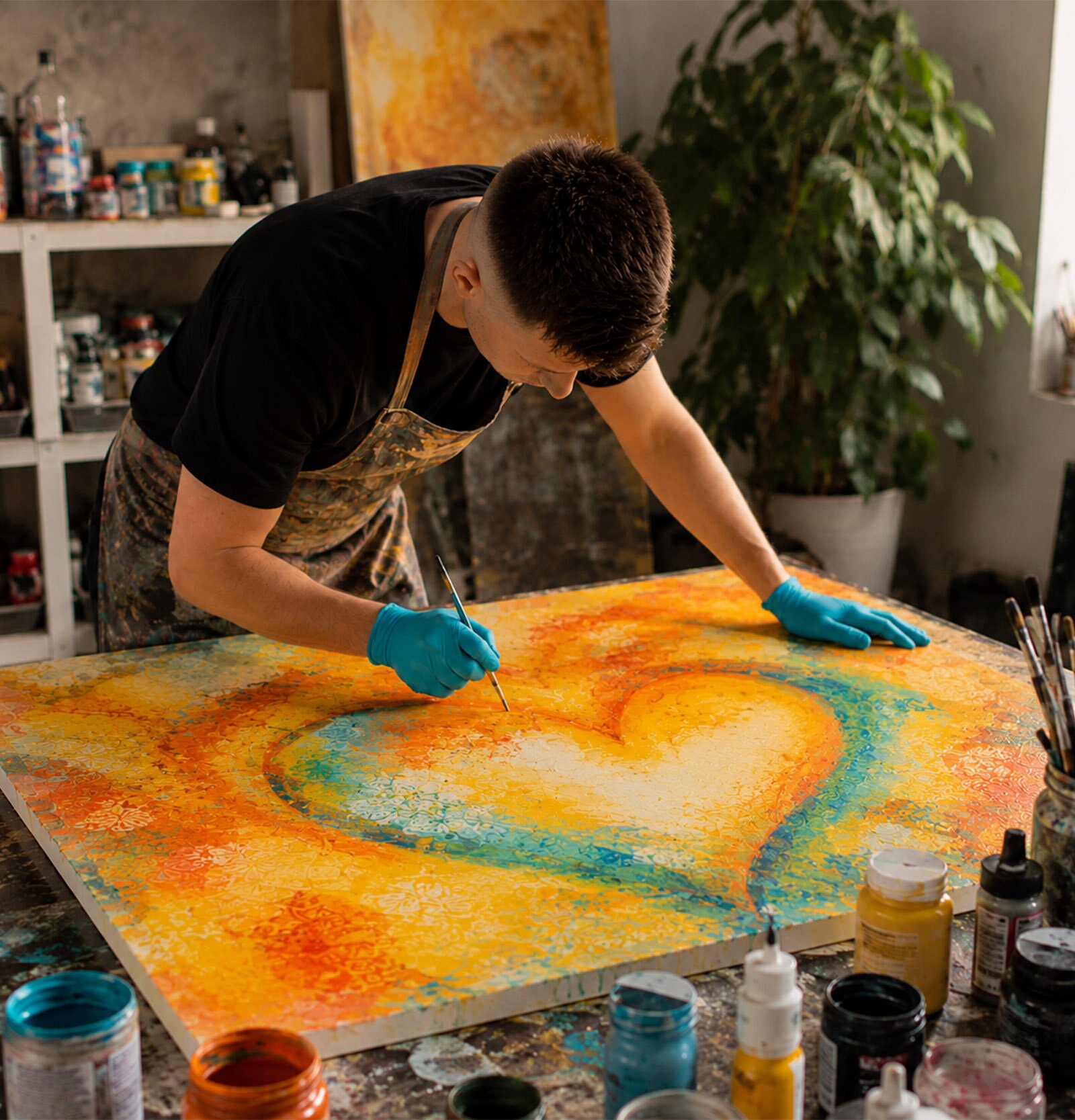 Ivan Guaderrama hand-painting an original Christian heart artwork in his studio